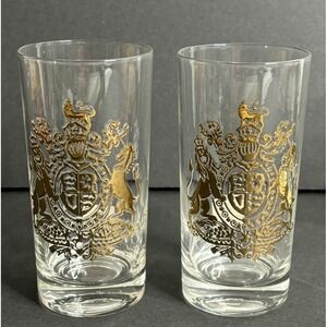 2 Cera Coat of Arms Highball Glasses United Kingdom Gold Vintage 1960s MCM Tags